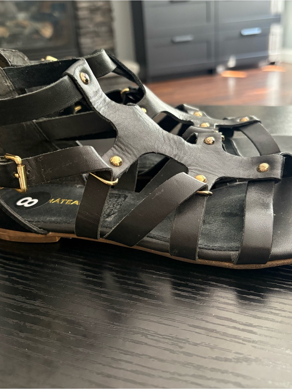 le chateau Black leather Gladiator Sandals with Gold Studs